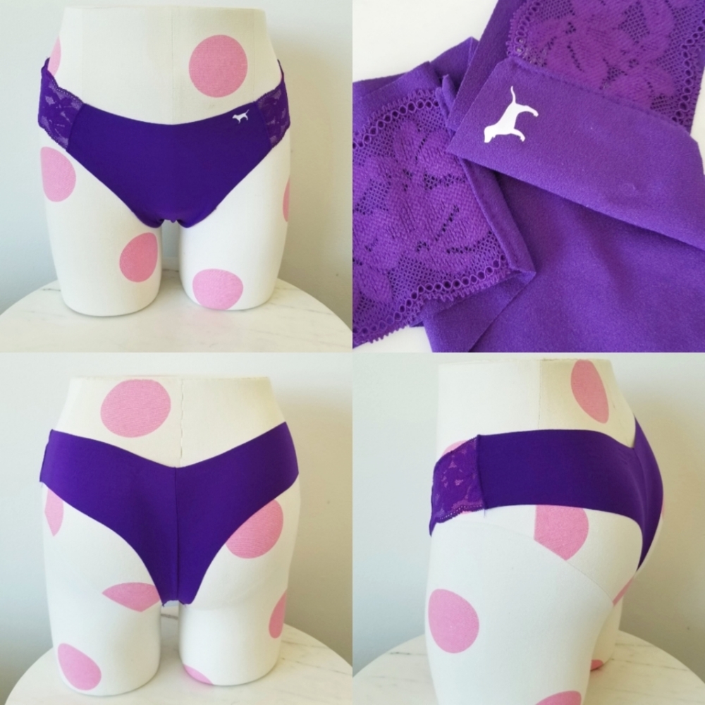 Victoria's Secret PINK Strappy String Lace Purple Thong Panty Iconic Dog LogoNWT
